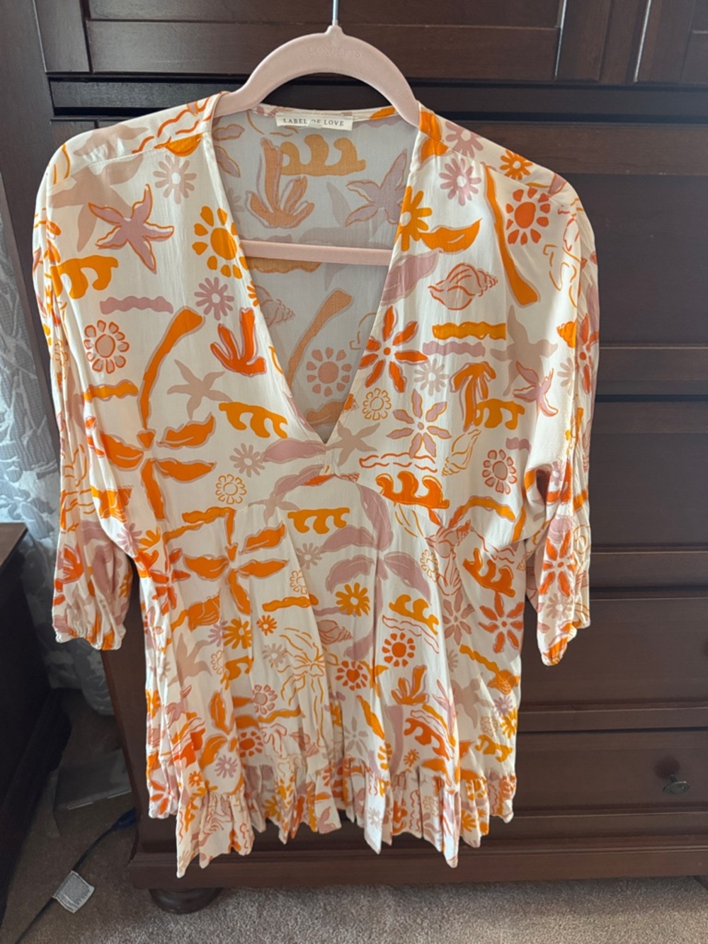 Label of Love Women's Cream Floral V-Neck Dress with Orange & Pink Print